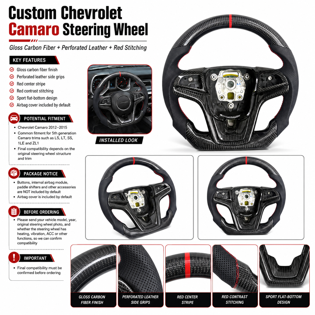 Product detail poster for custom Chevrolet Camaro carbon fiber steering wheel with gloss carbon fiber perforated leather red stitching red center stripe and fitment information