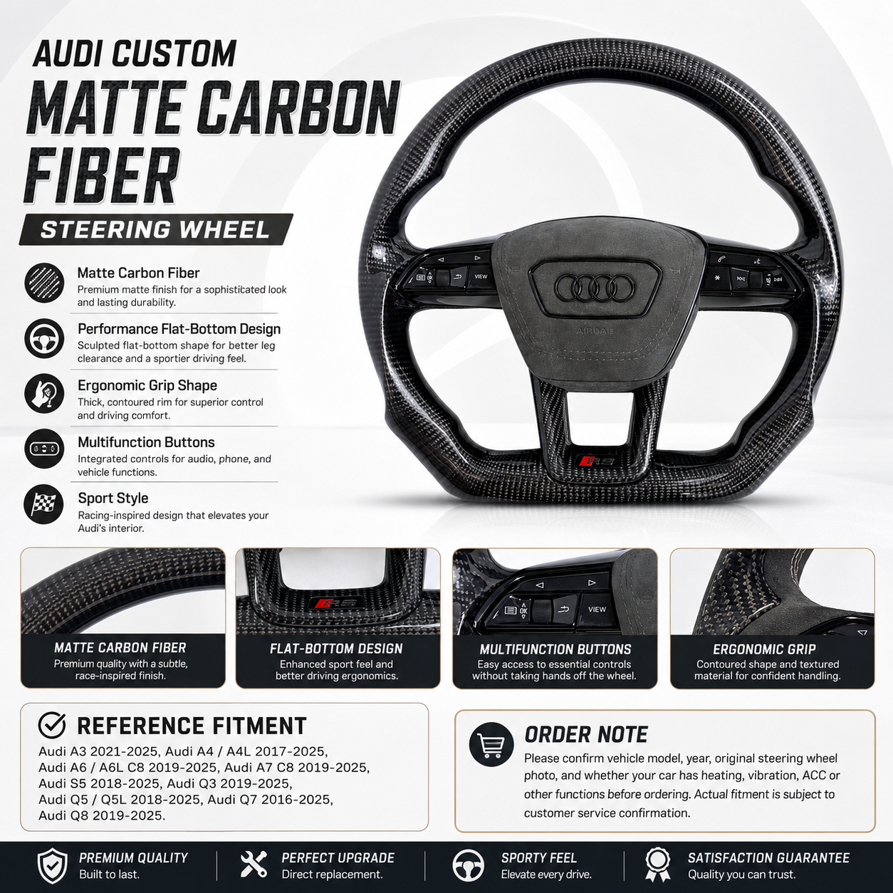 Audi custom matte carbon fiber steering wheel detail display with flat bottom design for A3 A4 A6 A7 S5 Q3 Q5 Q7 and Q8