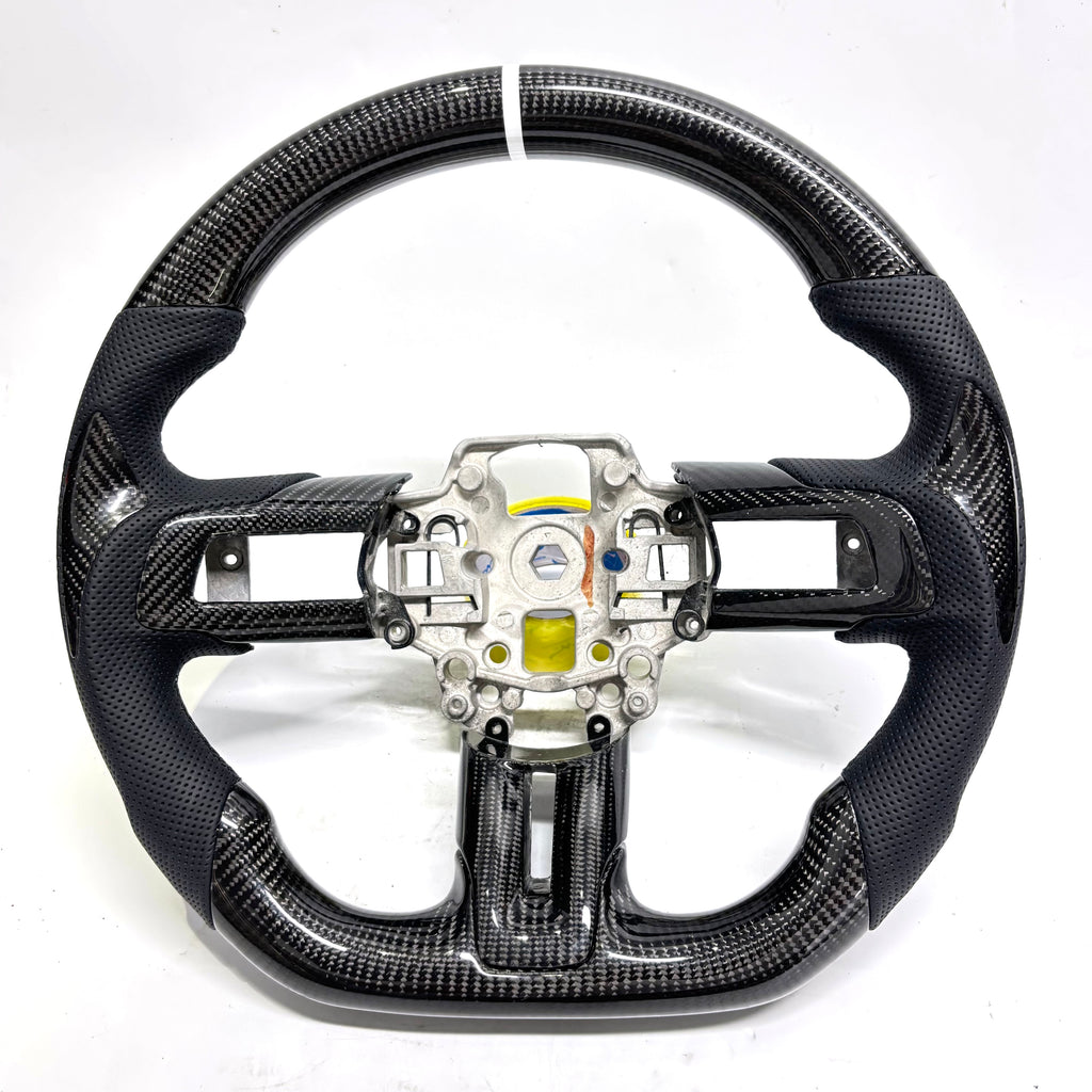 FOR Ford Mustang S550/GT 2015-2023 Carbon Fiber Steering Wheel - Black Carbon Fiber & Black Perforated Leather & White Stripes - CJ Mod Garage &