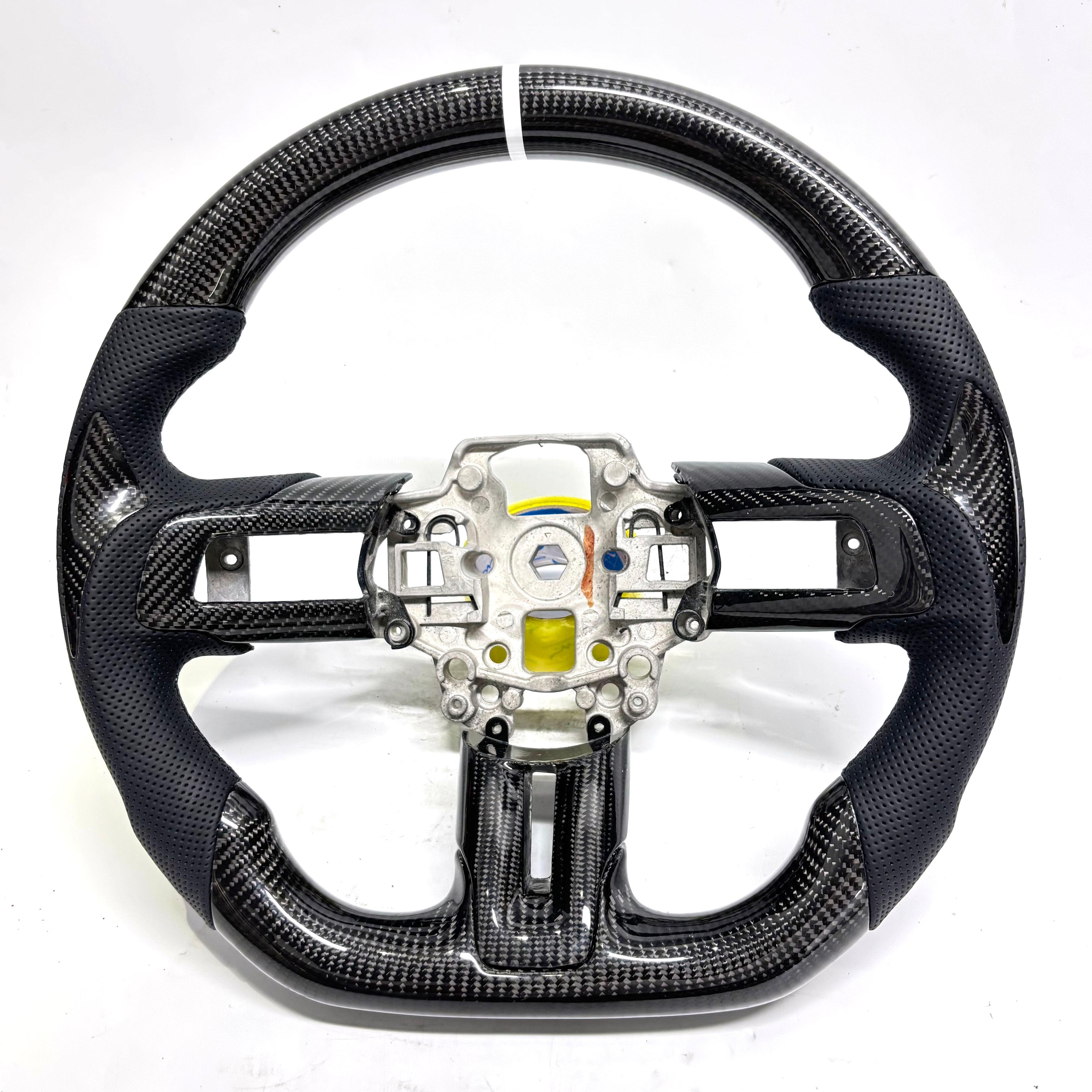 FOR Ford Mustang S550/GT 2015-2023 Carbon Fiber Steering Wheel - Black Carbon Fiber & Black Perforated Leather & White Stripes - CJ Mod Garage &