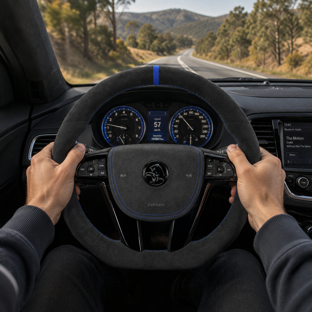 FOR Holden Commodore VE/Pontiac G8 Steering Wheel - Black Alcantara & Blue Stripes - CJ Mod Garage & Driving Scene Images