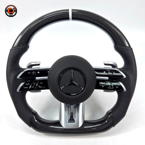 Mercedes W117 CLA 2013-2019 carbon fiber Dragonfly steering wheel front product view by CJ Mod Garage
