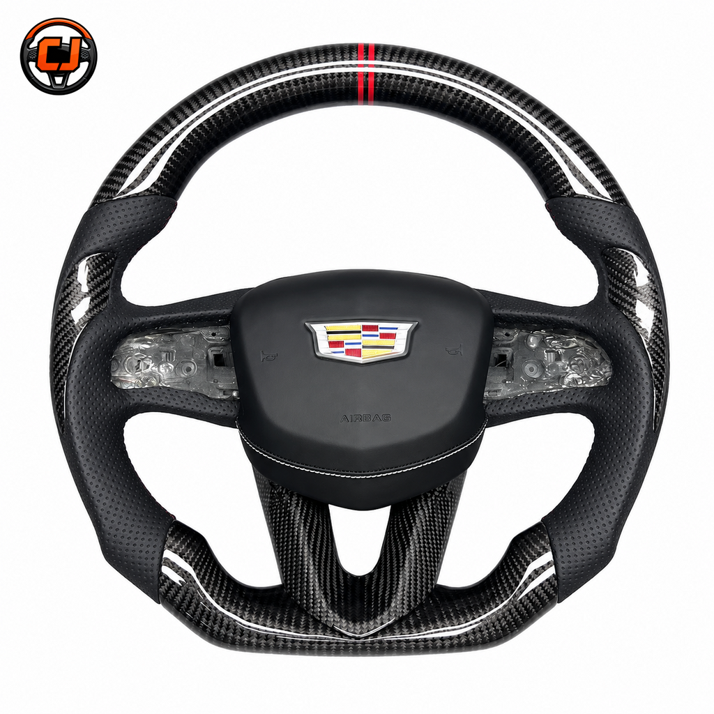 Cadillac CT4 CT5 carbon fiber flat bottom steering wheel with perforated leather and dual red stripe by CJ Mod Garage