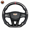 Cadillac CT4 CT5 carbon fiber flat bottom steering wheel with perforated leather and dual red stripe by CJ Mod Garage