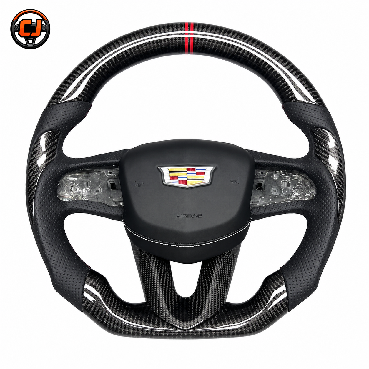 Cadillac CT4 CT5 carbon fiber flat bottom steering wheel with perforated leather and dual red stripe by CJ Mod Garage