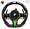 BMW F Series E90 E92 E93 LED carbon fiber steering wheel with green center stripe and Alcantara side grips