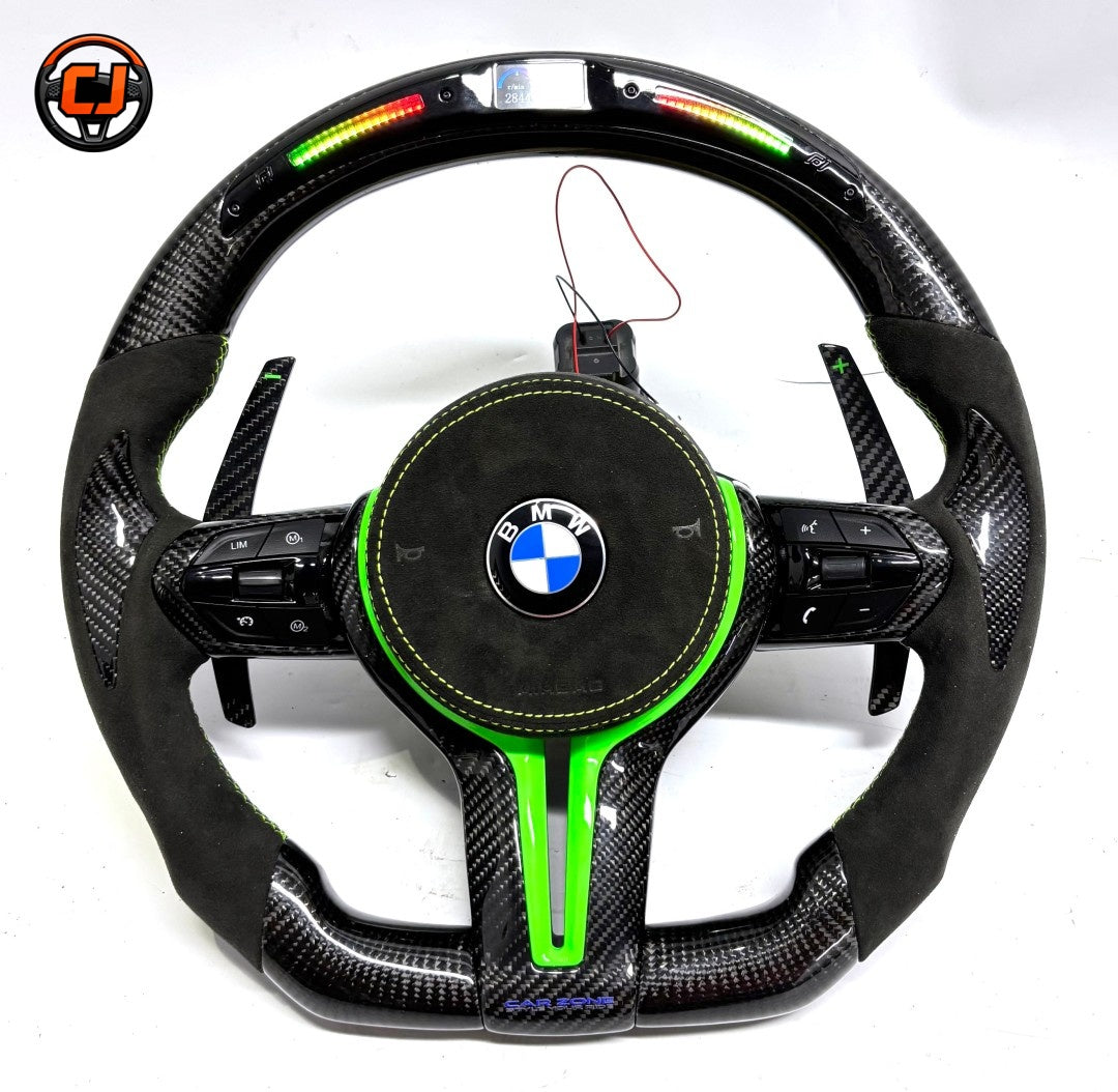 BMW F Series E90 E92 E93 LED carbon fiber steering wheel with green center stripe and Alcantara side grips