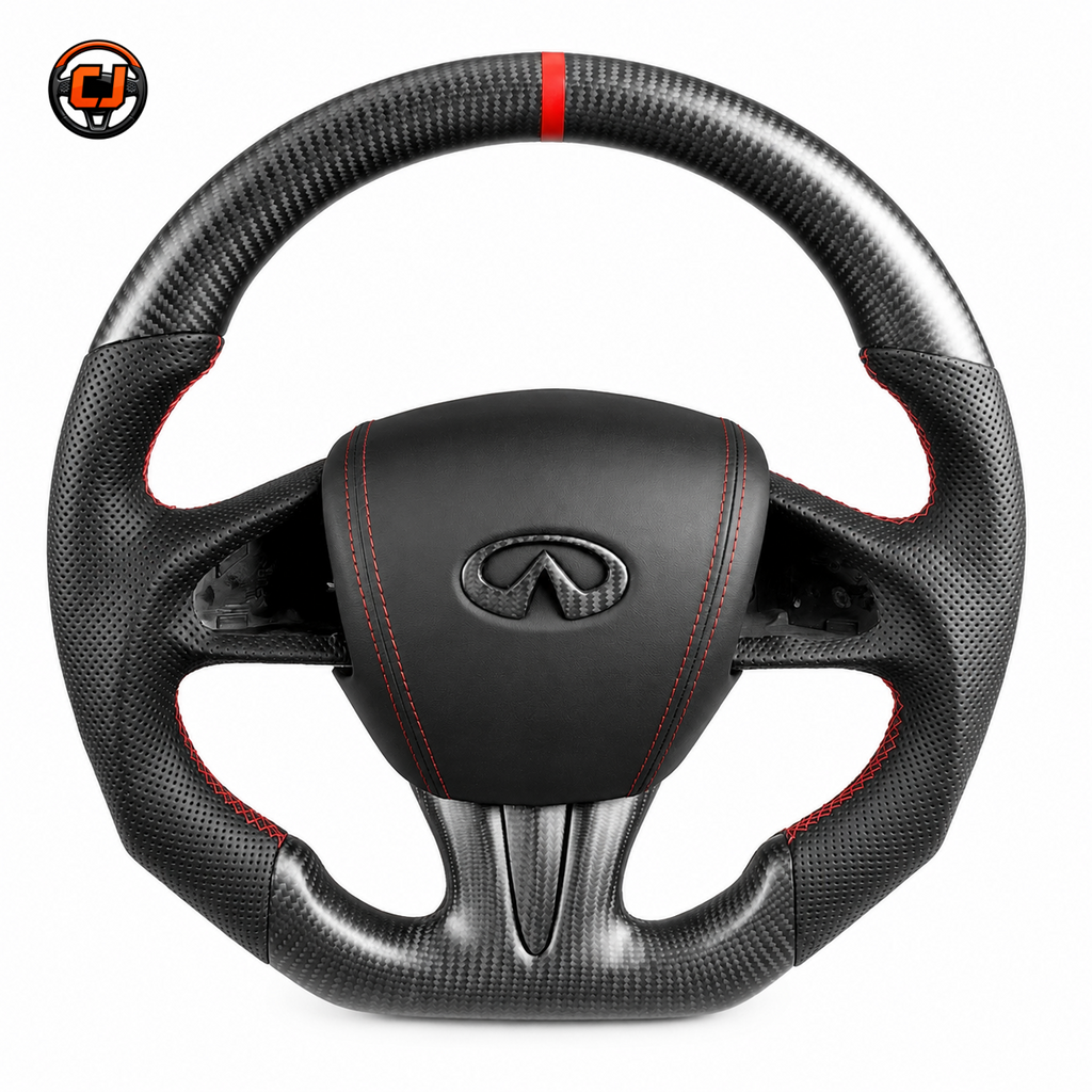 Infiniti Q50 carbon fiber steering wheel with premium leather airbag cover red stitching sport grip design and custom performance styling by CJ Mod Garage
