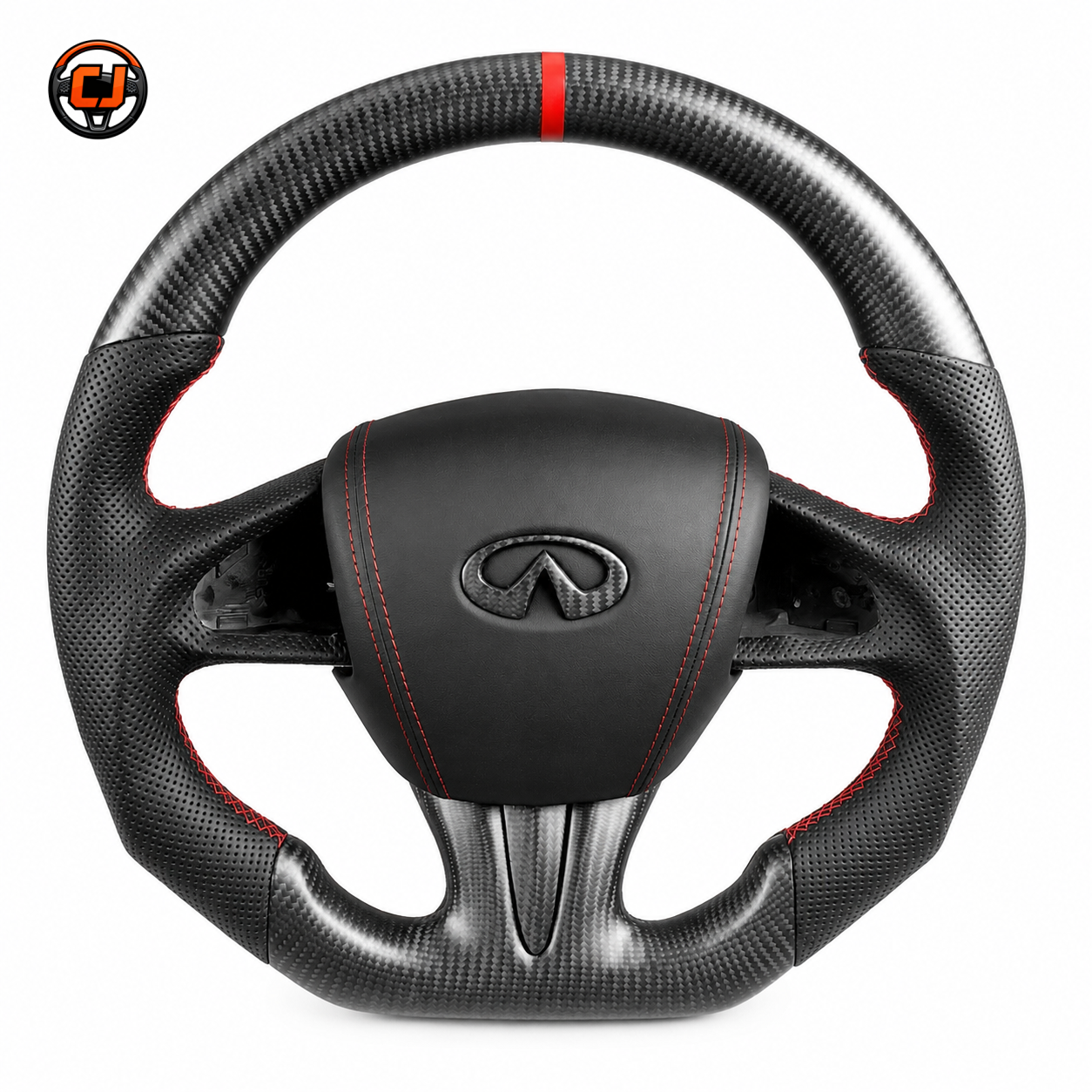Infiniti Q50 carbon fiber steering wheel with premium leather airbag cover red stitching sport grip design and custom performance styling by CJ Mod Garage