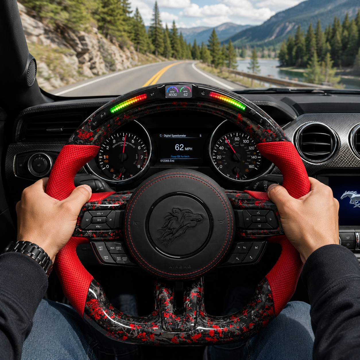 FOR Ford Mustang S550/GT 2015-2023 Carbon Fiber Steering Wheel - Red Forged Carbon Fiber & Red Perforated Leather & Airbag Cover - CJ Mod Garage & Driving Scene Images