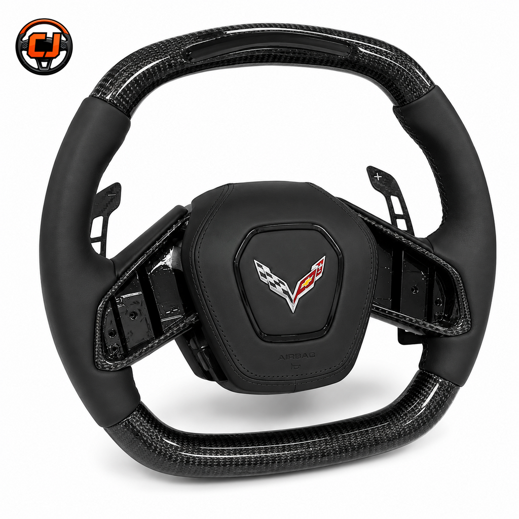 Chevrolet Corvette C8 custom black leather carbon fiber steering wheel with paddle shifters and black airbag cover