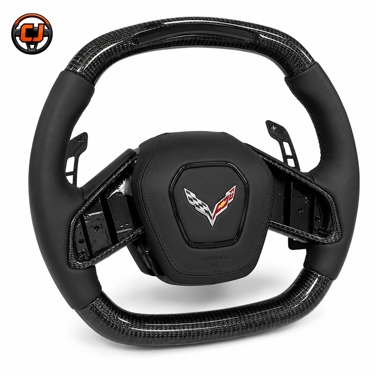 Chevrolet Corvette C8 custom black leather carbon fiber steering wheel with paddle shifters and black airbag cover