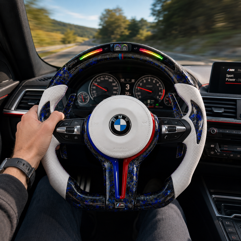 BMW F Series E90 E92 E93 custom white and blue forged carbon fiber steering wheel with LED shift lights installed in sporty BMW interior