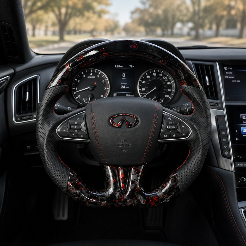 Infiniti Q50 Q60 forged carbon fiber steering wheel with red metallic flakes perforated leather grips and custom airbag cover installed by CJ Mod Garage