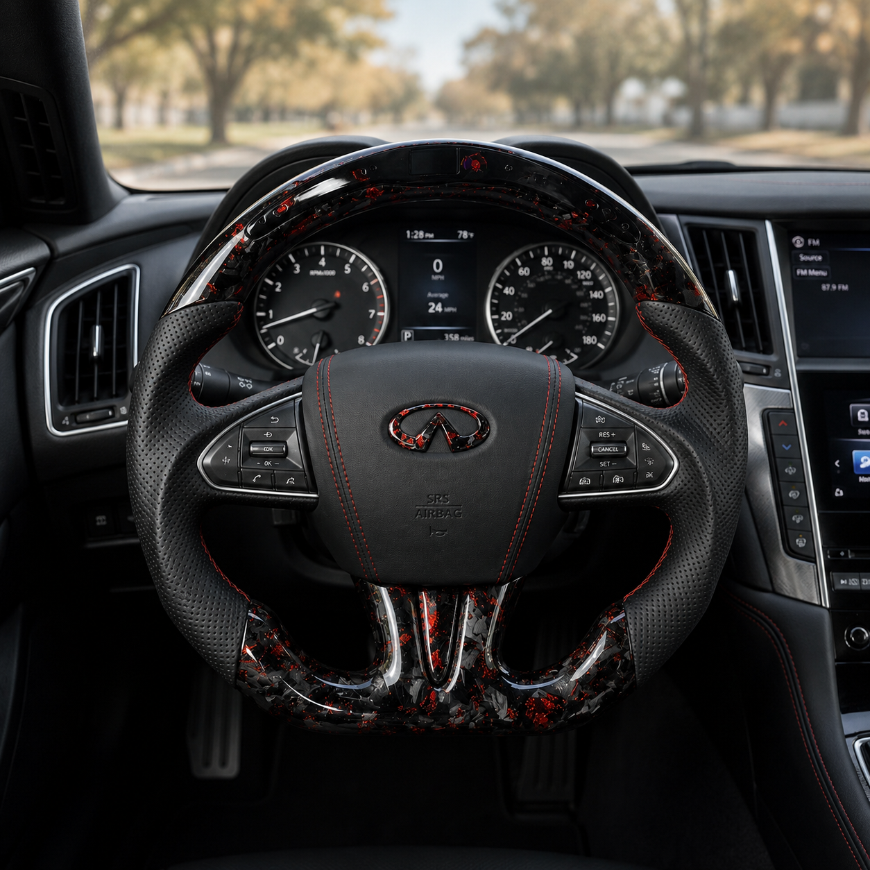 Infiniti Q50 Q60 forged carbon fiber steering wheel with red metallic flakes perforated leather grips and custom airbag cover installed by CJ Mod Garage