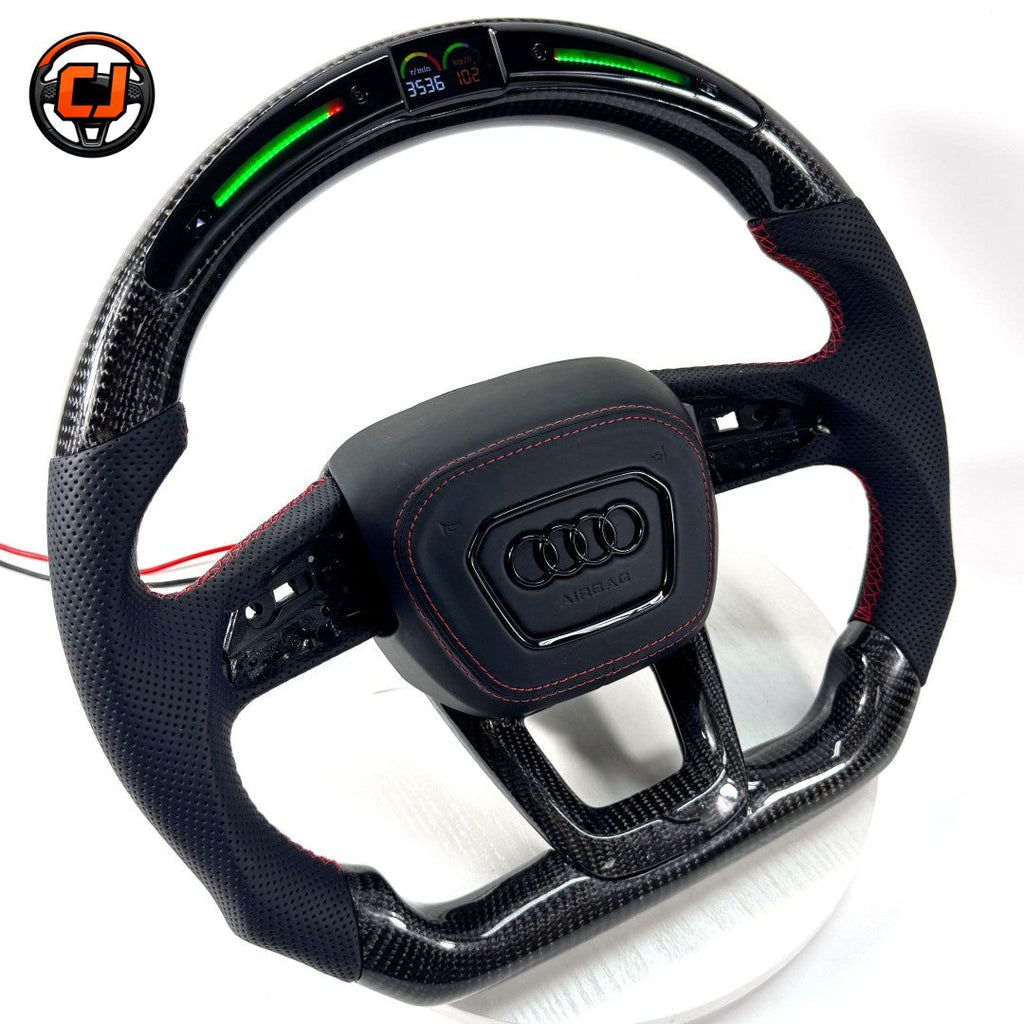 Audi carbon fiber LED display steering wheel - front view with RPM and speed display