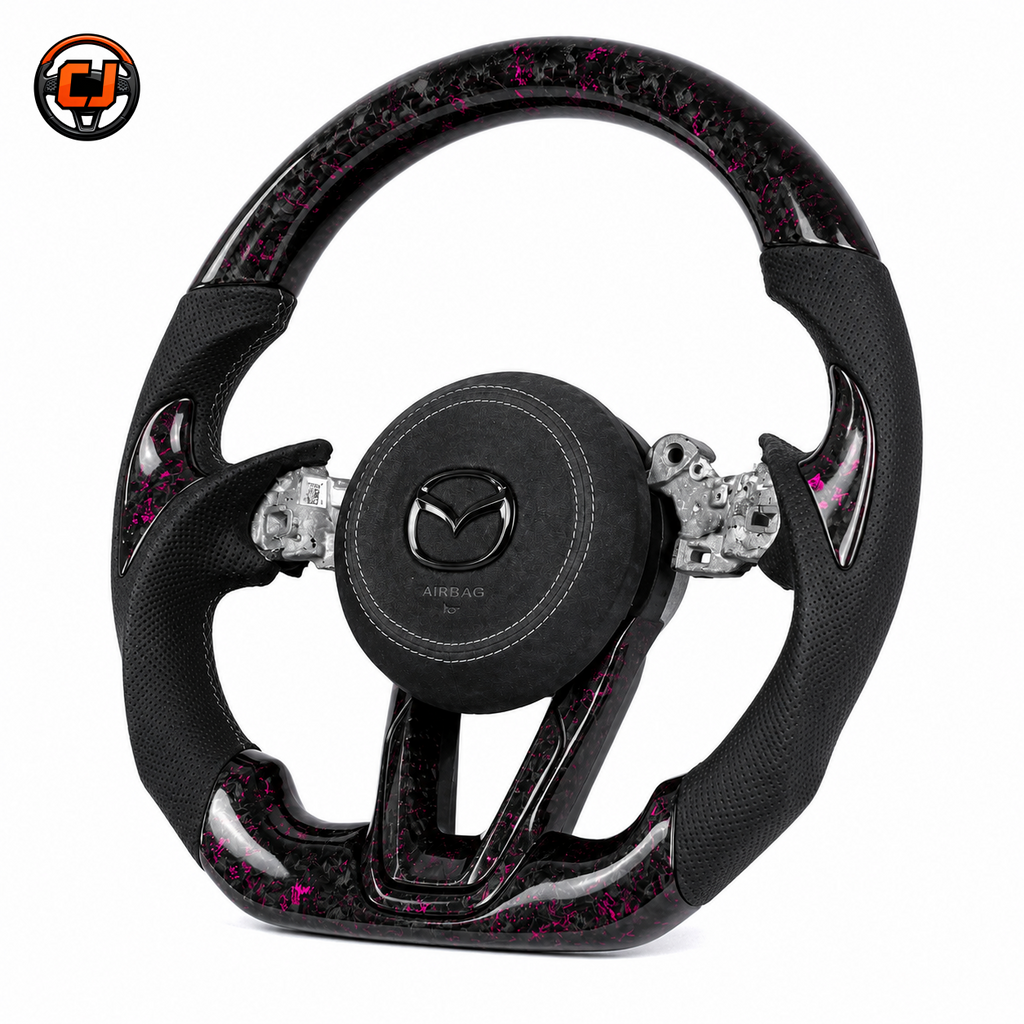 Custom Mazda 3 Axela forged carbon steering wheel with magenta flake finish black perforated leather grips suede airbag cover and flat bottom design