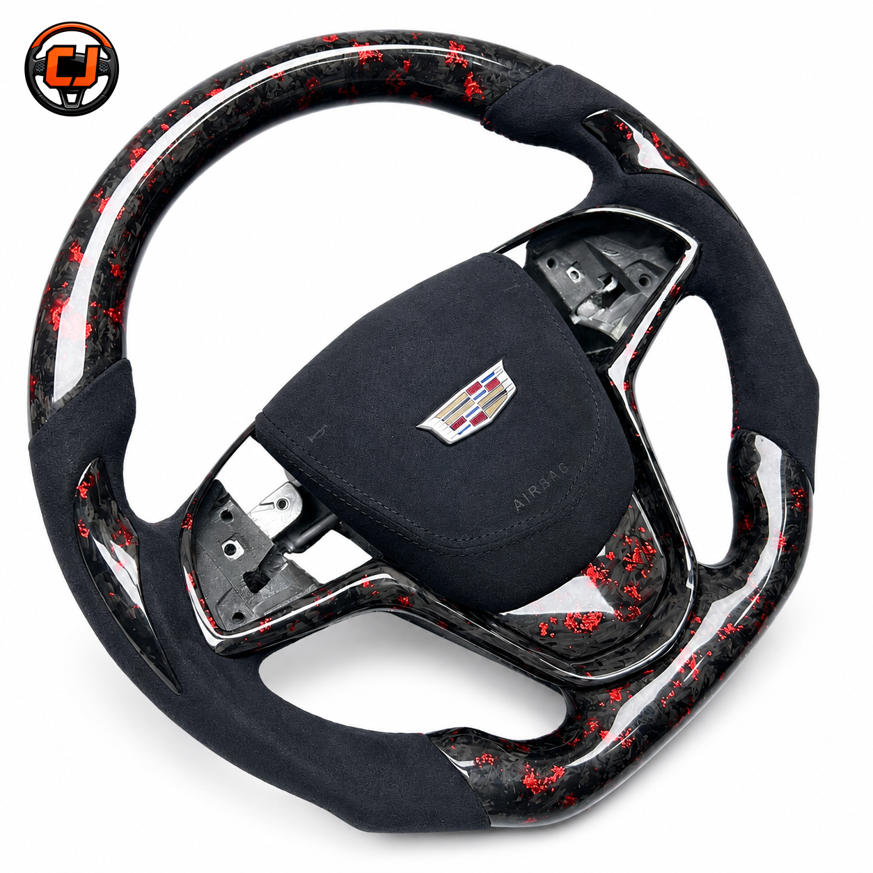 Cadillac ATS red forged carbon and suede grip steering wheel angled product view by CJ Mod Garage