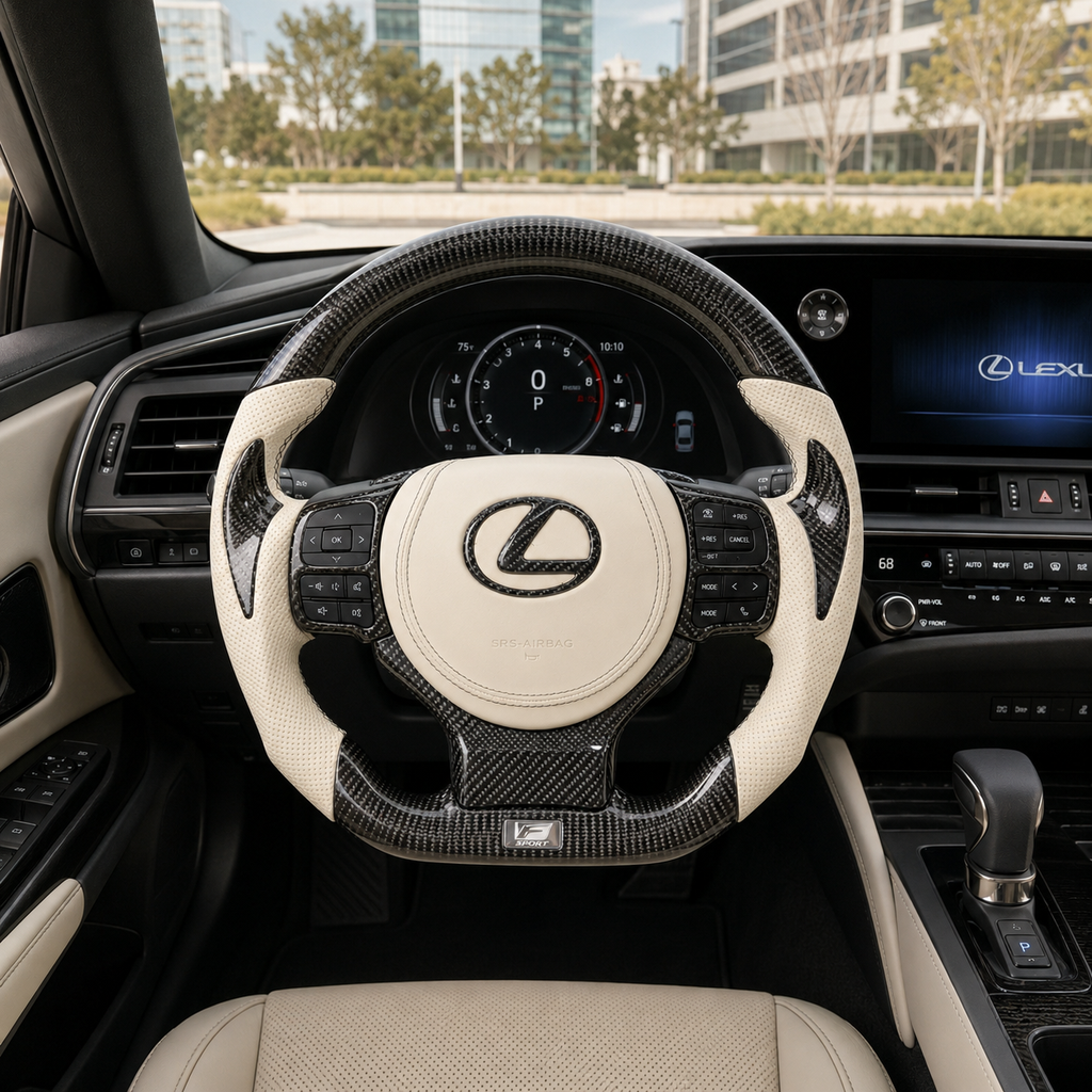 Custom Lexus Carbon Fiber Steering Wheel With White Perforated Leather And Matching Airbag Cover Installed For Lexus IS 2014 2020 RC 2015 2020 GS 2013 2020 NX 2015 2021 CT 2014 2022 CJ Mod Garage