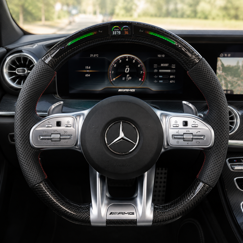 Mercedes AMG carbon fiber steering wheel with LED shift display and perforated leather grips for W117 W176 W177 W205 W213 C43 C63 C200 C300 by CJ Mod Garage