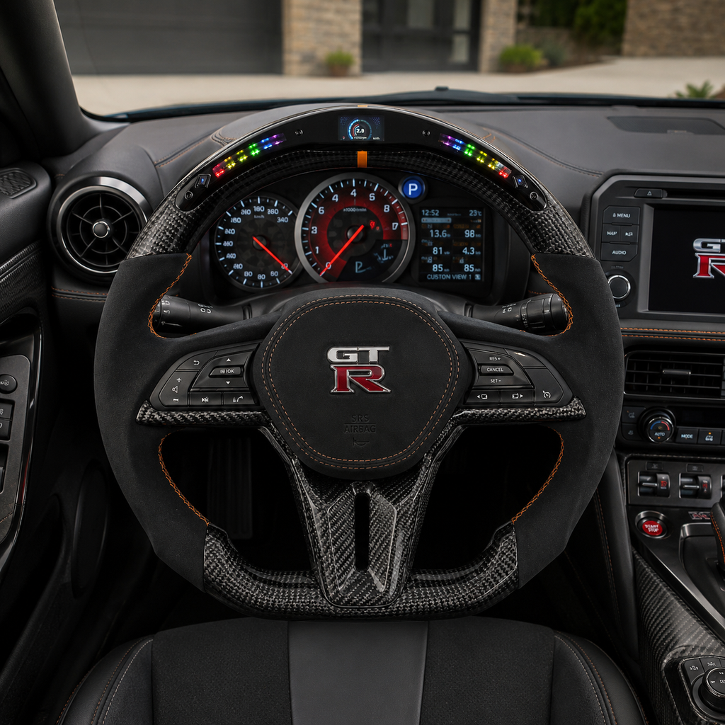 Nissan GT R R35 custom carbon fiber steering wheel with LED shift lights Alcantara grips digital display and orange stitching by CJ Mod Garage
