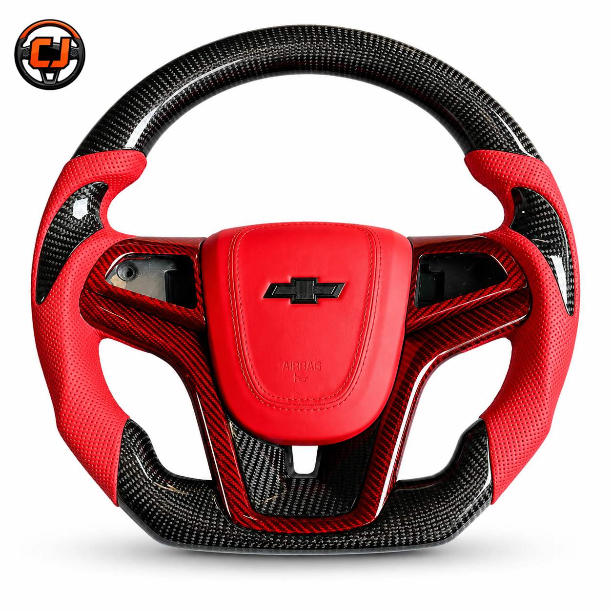 Custom Chevrolet Camaro carbon fiber steering wheel with red perforated leather grips red leather airbag cover red carbon style trim and flat bottom design