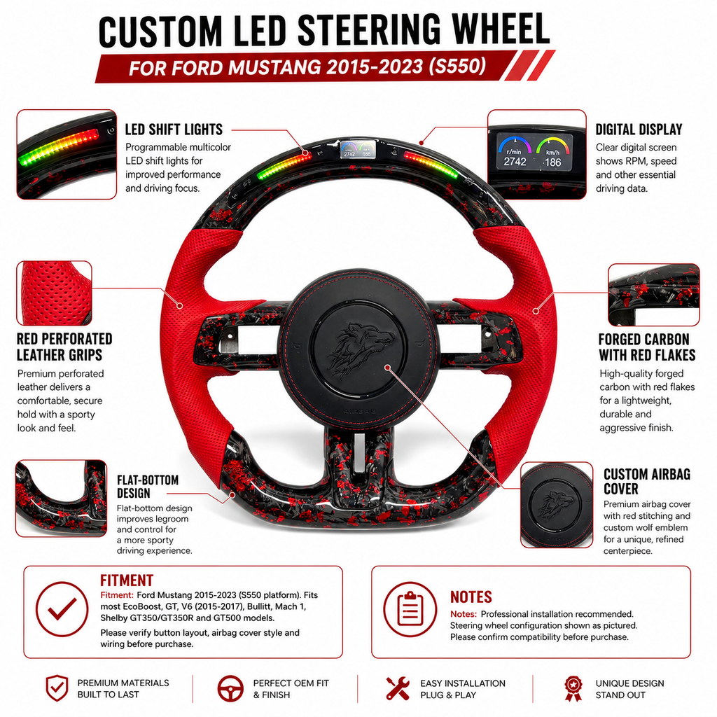 FOR Ford Mustang S550/GT 2015-2023 Carbon Fiber Steering Wheel - Red Forged Carbon Fiber & Red Perforated Leather & LED & Airbag Cover - CJ Mod Garage & Product Details Image