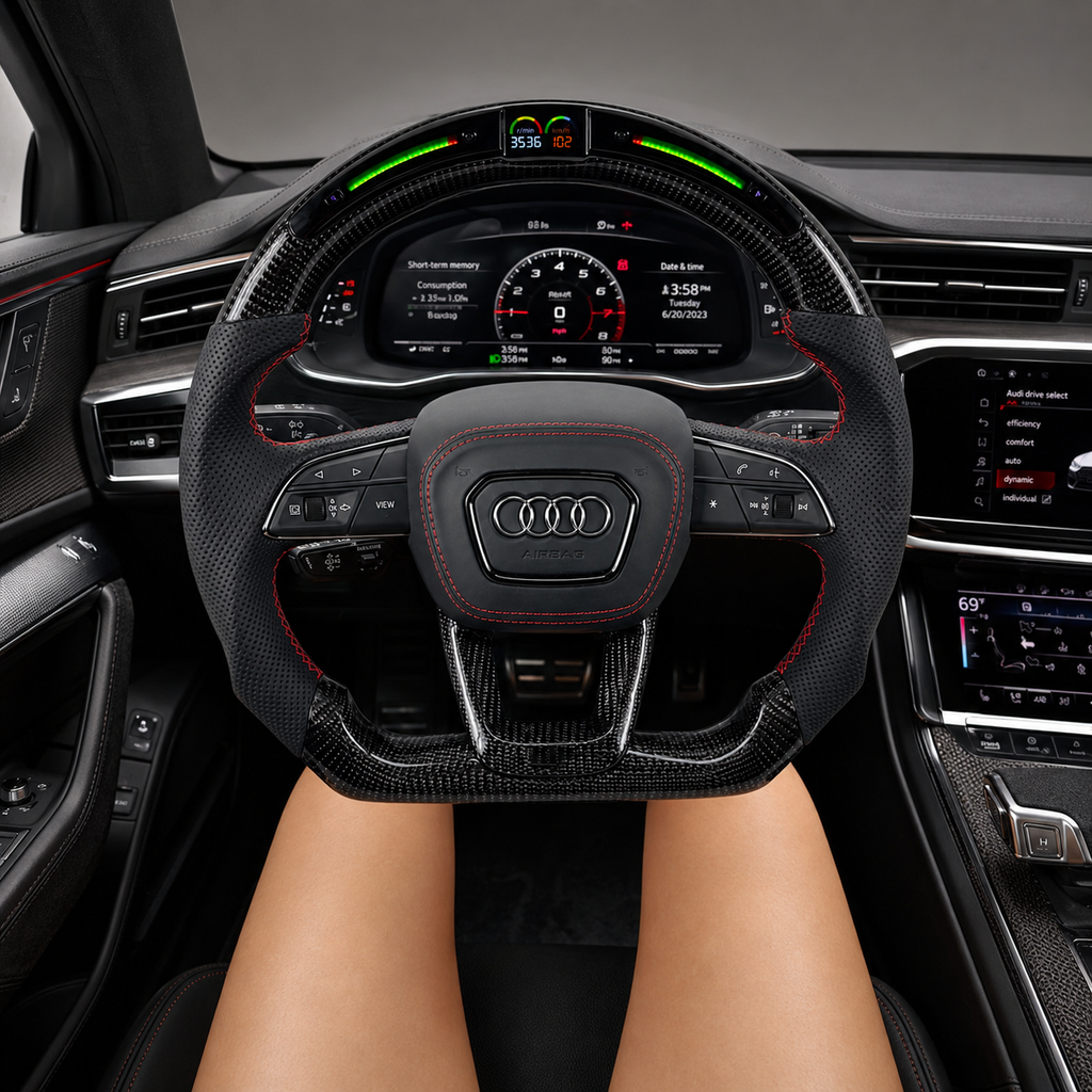 Audi carbon fiber LED steering wheel - product spec infographic