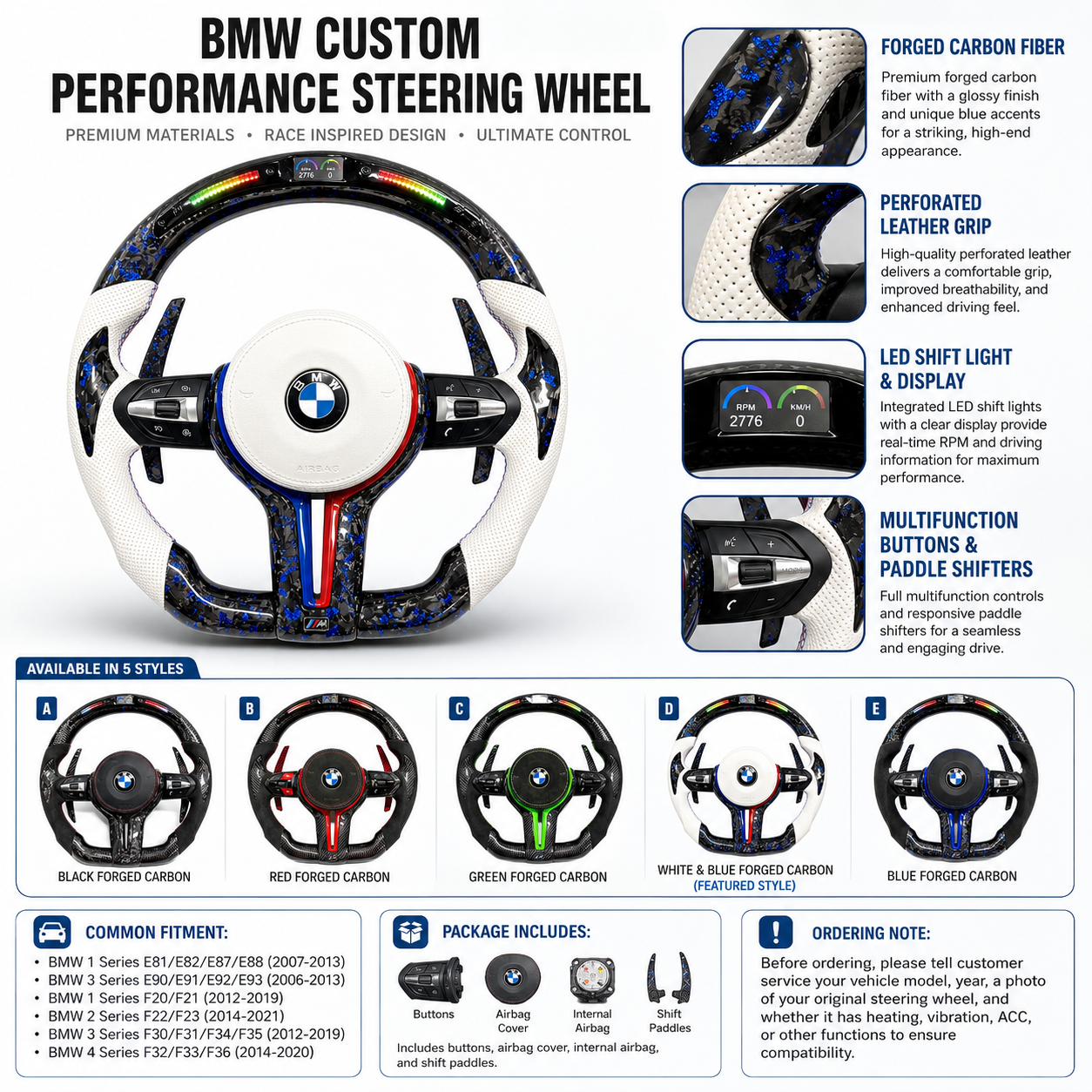 Custom BMW F Series E90 E92 E93 forged carbon fiber performance steering wheel with white perforated leather grips and LED display