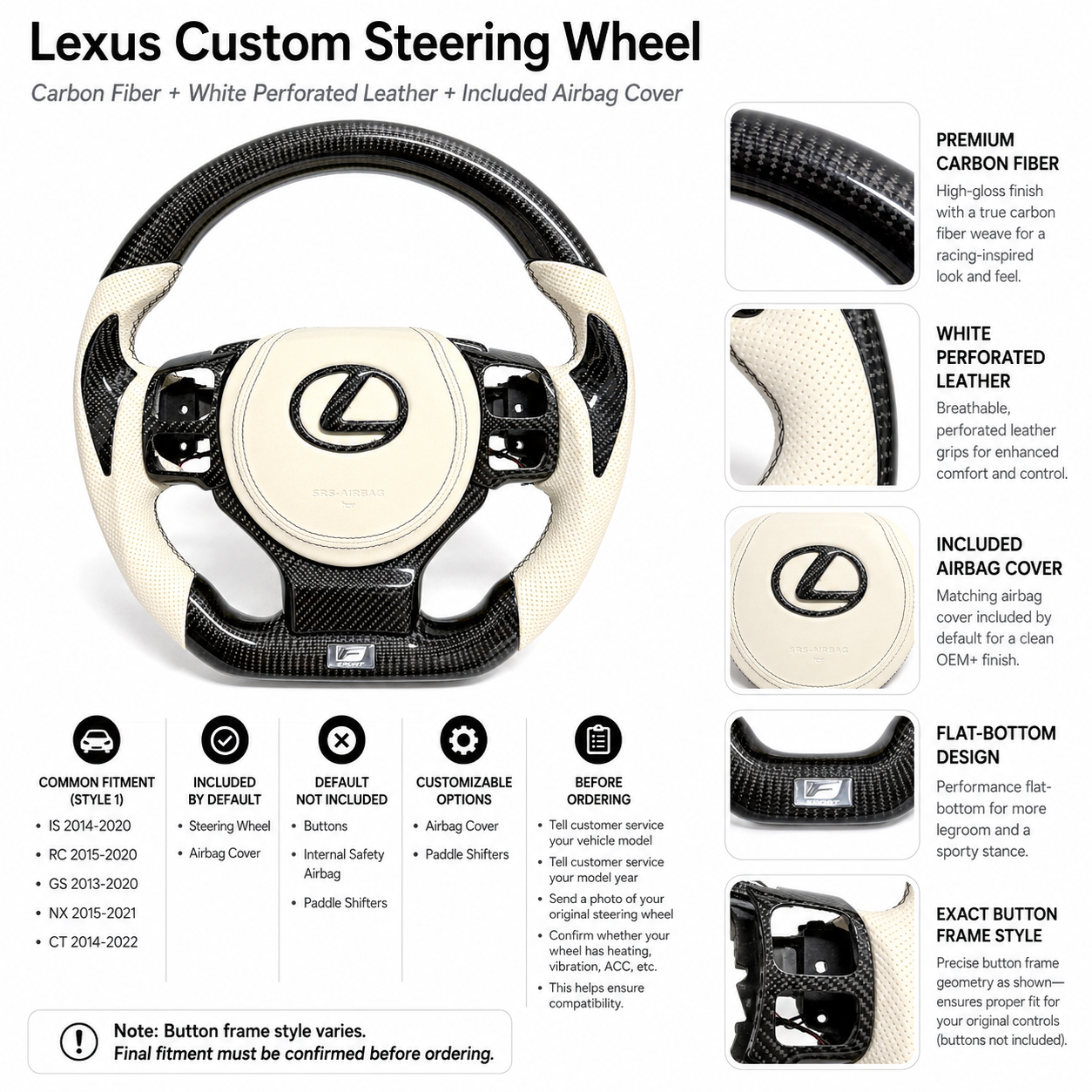 Lexus F Sport Custom Steering Wheel Featuring Gloss Carbon Fiber White Leather Grips Flat Bottom Profile And OEM Style Airbag Cover For Lexus IS 2014 2020 RC 2015 2020 GS 2013 2020 NX 2015 2021 CT 2014 2022 CJ Mod Garage