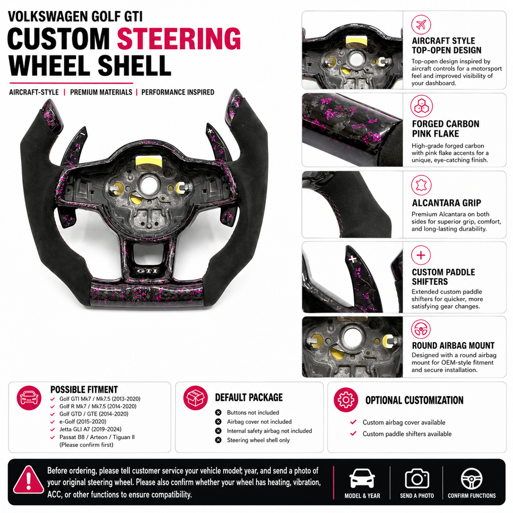 Volkswagen Golf GTI Mk7 2013 to 2020 custom steering wheel shell with pink flakes and fitment guide CJ Mod Garage