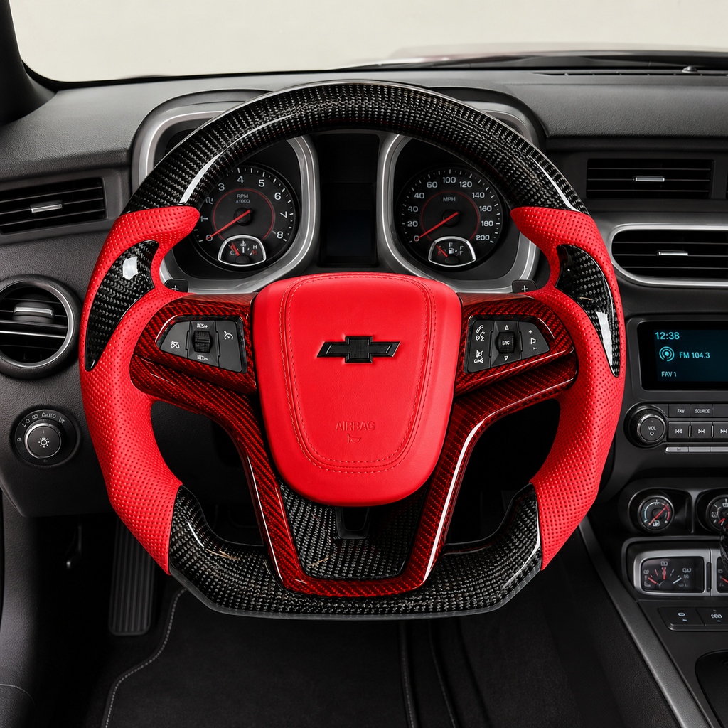 Custom Chevrolet Camaro carbon fiber steering wheel installed in car interior with red perforated leather grips red airbag cover gloss carbon fiber rim and red carbon trim