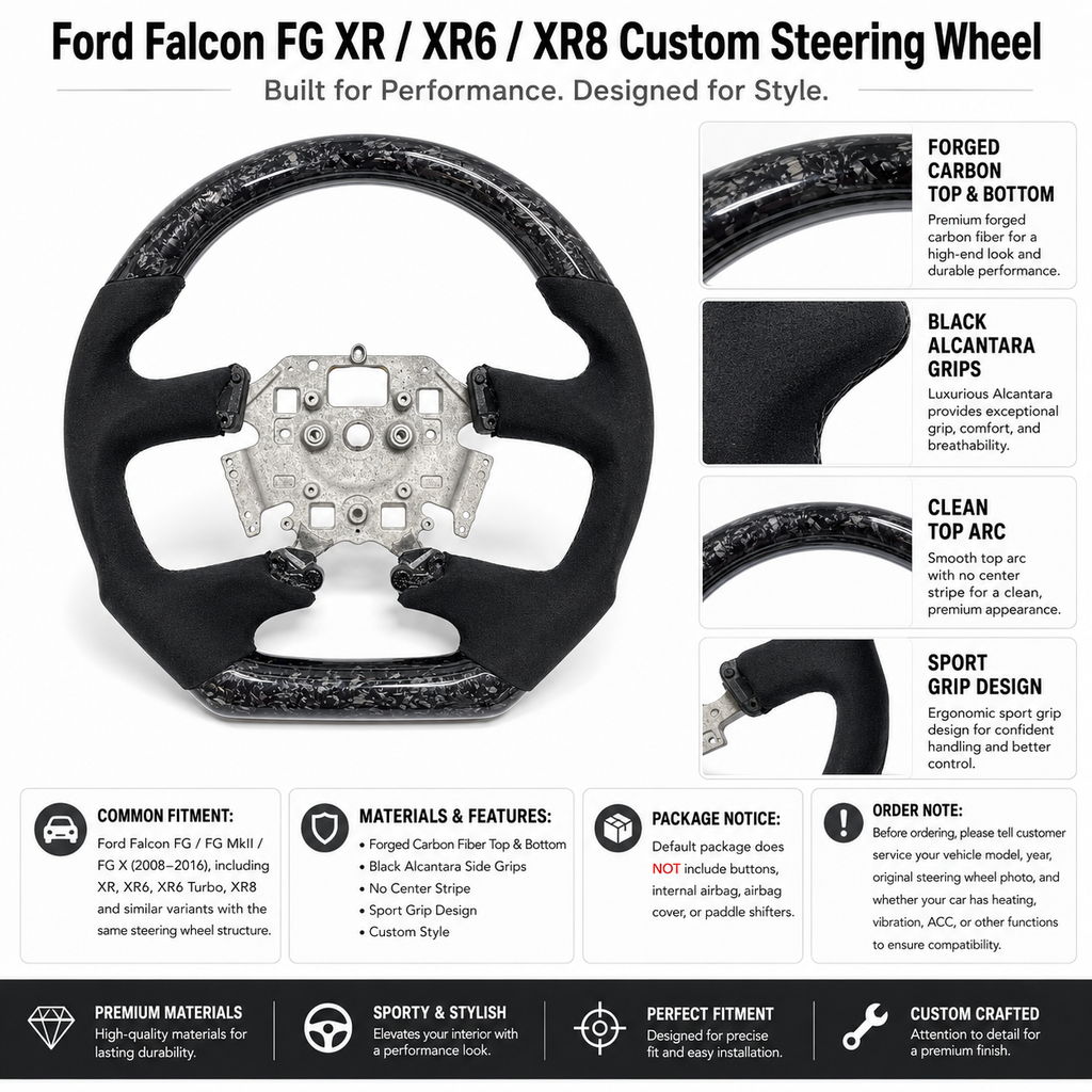 Ford Falcon FG XR XR6 XR8 custom steering wheel infographic showing forged carbon fiber and black Alcantara details by CJ Mod Garage
