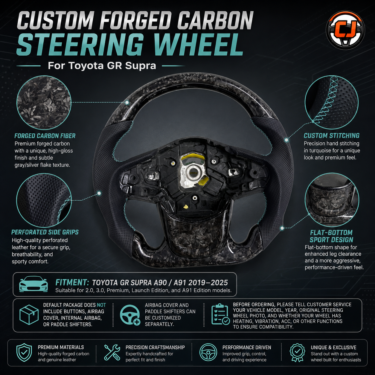 Forged carbon fiber steering wheel for Toyota GR Supra 2019-2025 featuring gray flake carbon texture, flat-bottom profile and custom leather craftsmanship by CJ Mod Garage