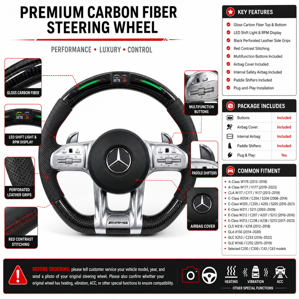 Premium Mercedes AMG steering wheel with gloss carbon fiber LED RPM display and paddle shifters for W203 W204 W205 W211 W212 W218 C43 C63 by CJ Mod Garage