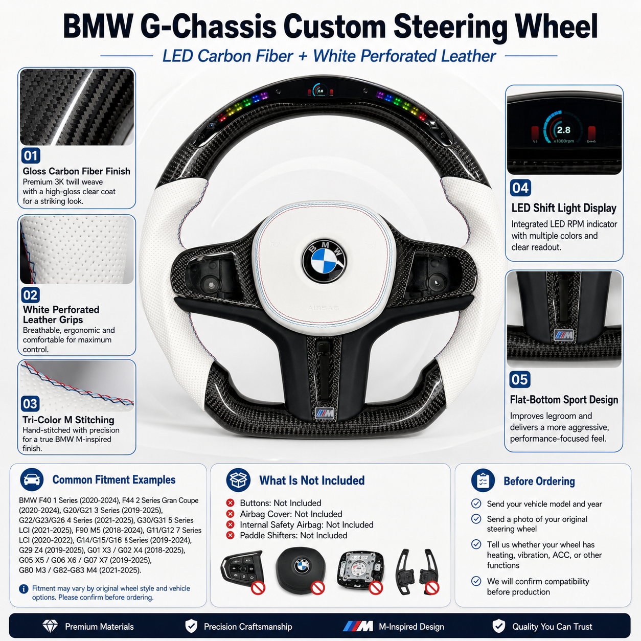 CJ Mod Garage BMW G-chassis custom steering wheel infographic featuring LED carbon fiber construction, white perforated leather grips, tri-color M stitching, integrated LED RPM shift light display, flat-bottom sport design, and compatibility with BMW G02 G05 G06 G09 G11 G12 G15 G20 G22 G28 G29 G30 G38 G80 G82 F40 F90