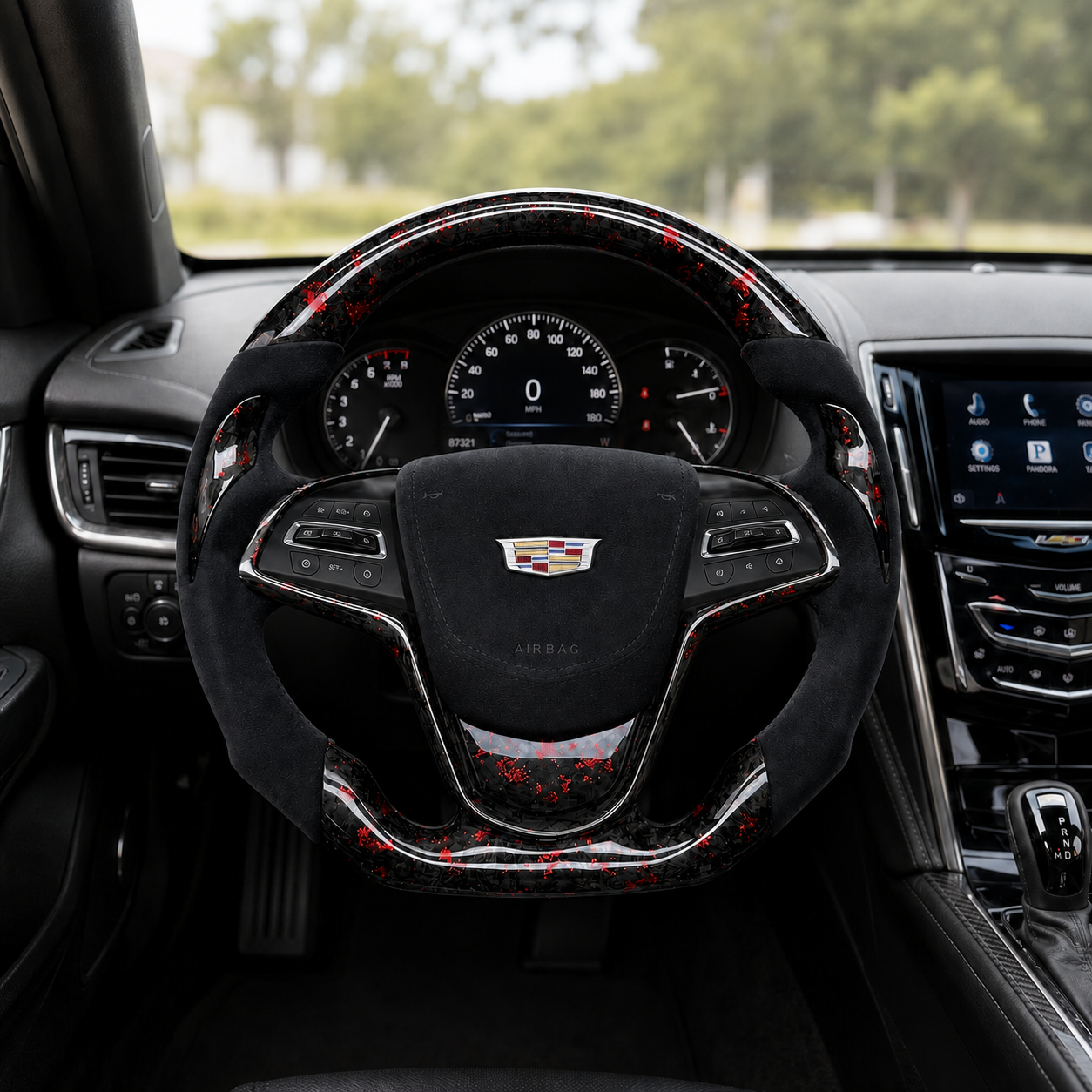 Cadillac ATS red forged carbon suede steering wheel installed in luxury cabin by CJ Mod Garage