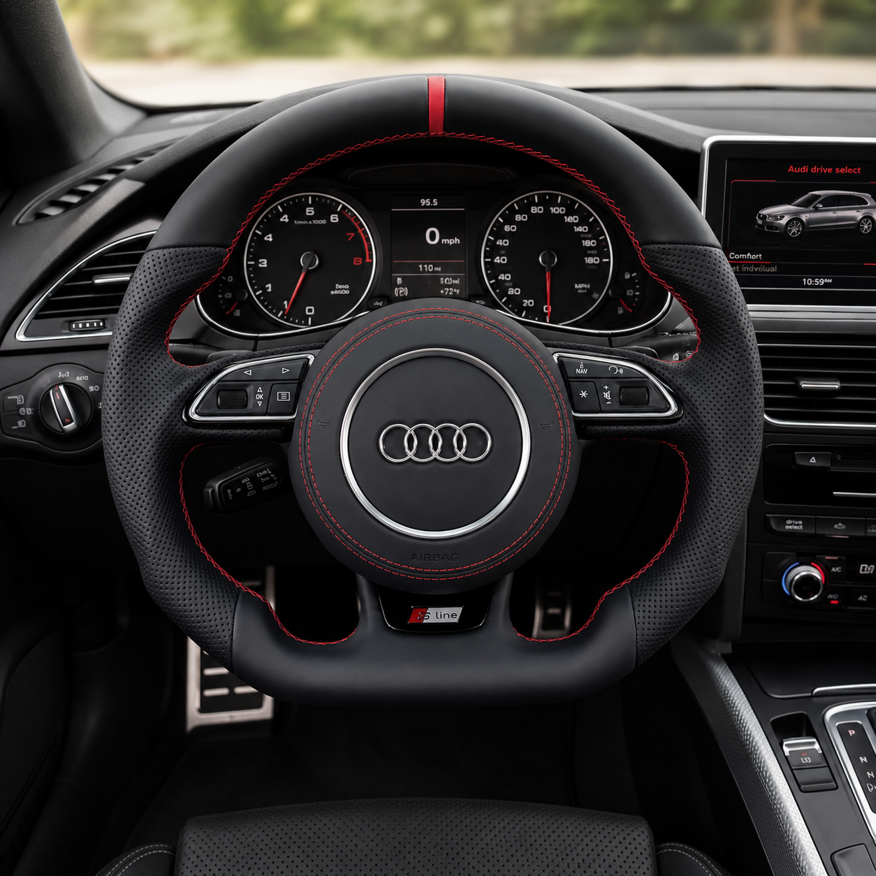 Audi B8 S-line leather steering wheel installed in Audi Q5 SQ5 interior - driver perspective showing red stripe and S-line badge
