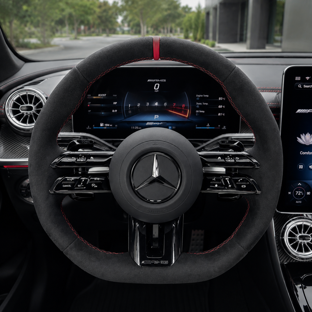 Mercedes W205 C-Class 2015-2021 Alcantara AMG steering wheel installed with gloss black trim by CJ Mod Garage
