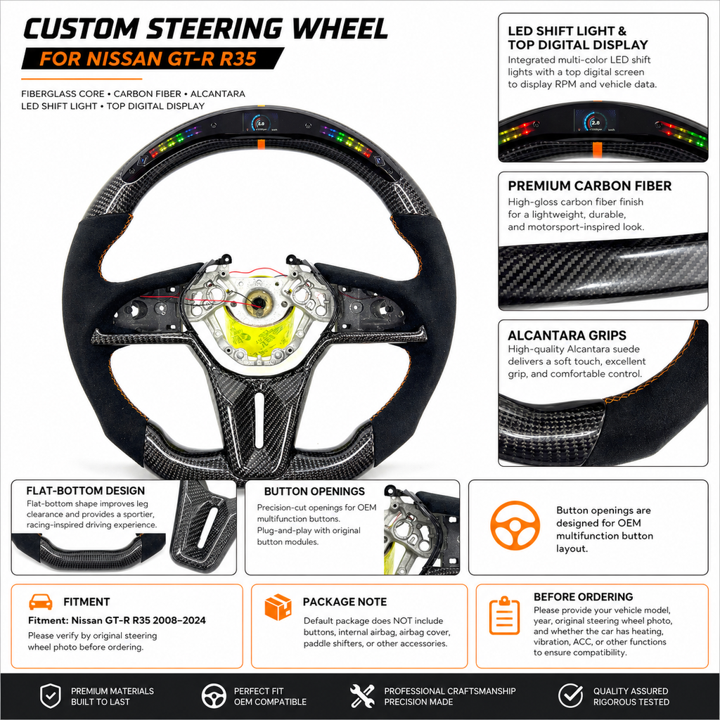 Nissan GT R R35 forged carbon steering wheel featuring LED RPM display Alcantara suede grips flat bottom design and motorsport styling by CJ Mod Garage