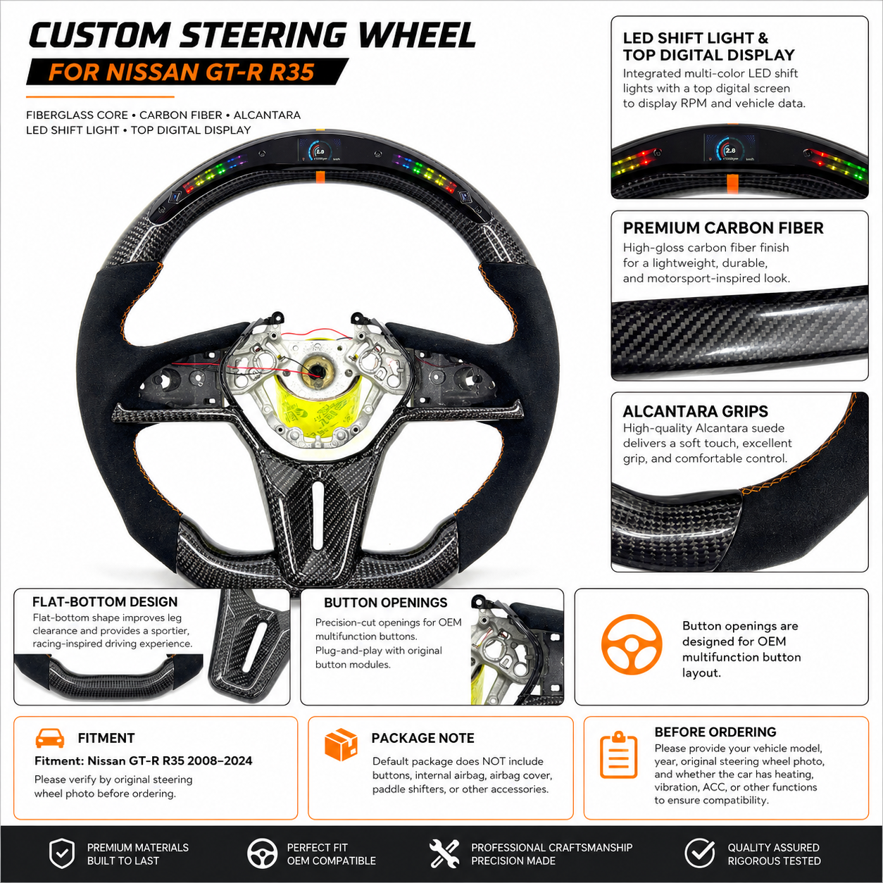 Nissan GT R R35 forged carbon steering wheel featuring LED RPM display Alcantara suede grips flat bottom design and motorsport styling by CJ Mod Garage