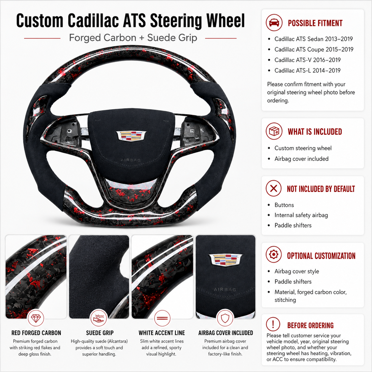 Cadillac ATS red forged carbon suede grip steering wheel detail sheet by CJ Mod Garage