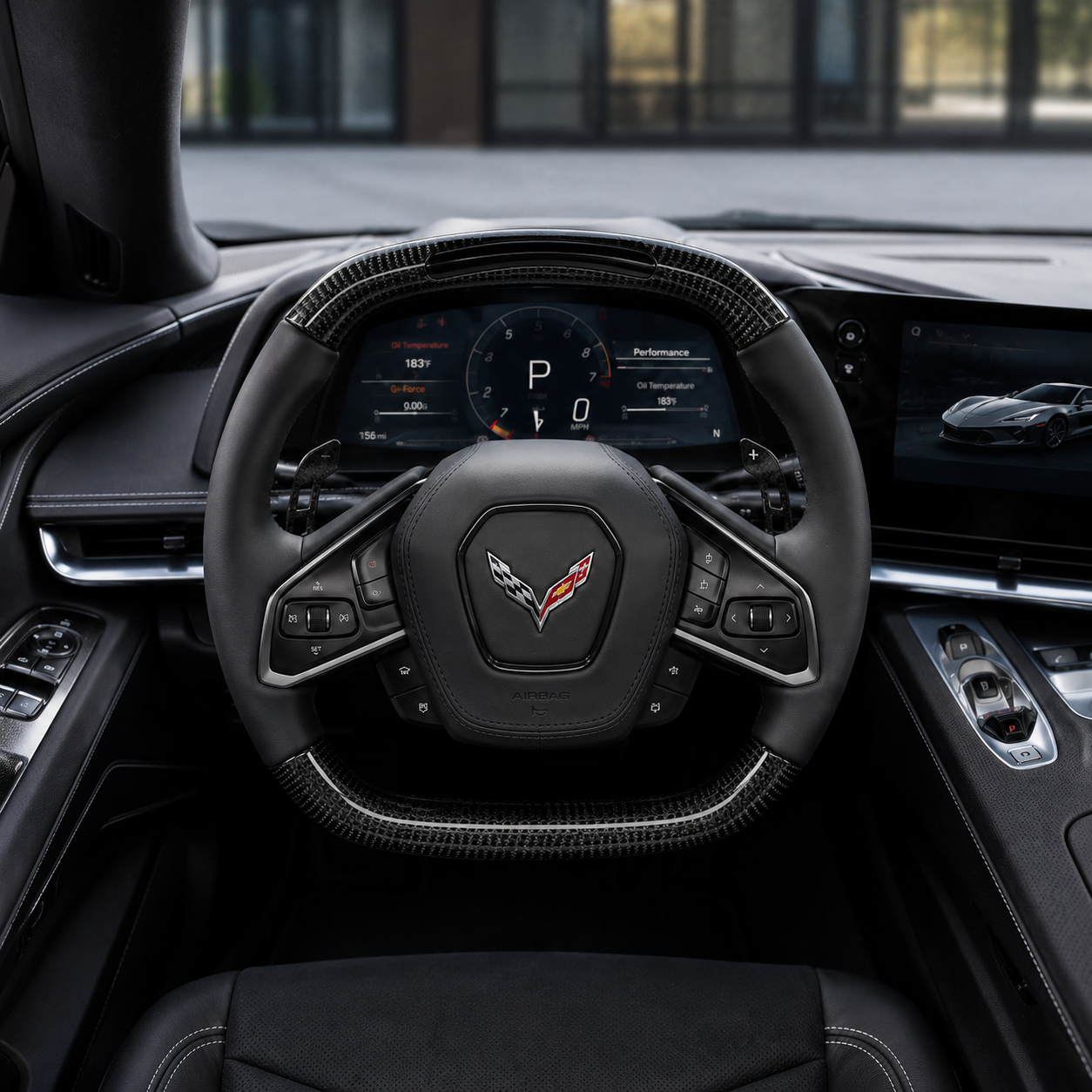 Chevrolet Corvette C8 interior front view with custom black leather carbon fiber steering wheel and paddle shifters