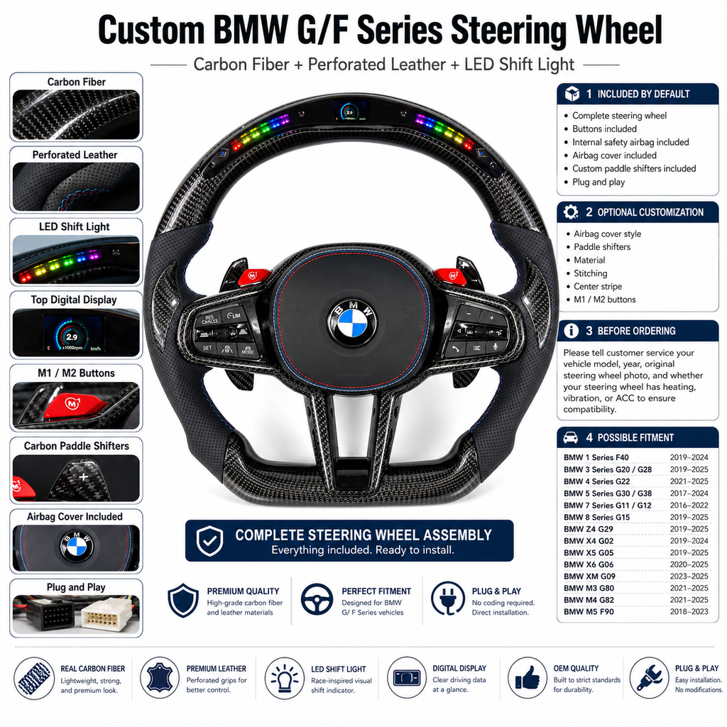 BMW G/F Series 2016-2025 carbon fiber LED steering wheel detail sheet with plug and play by CJ Mod Garage