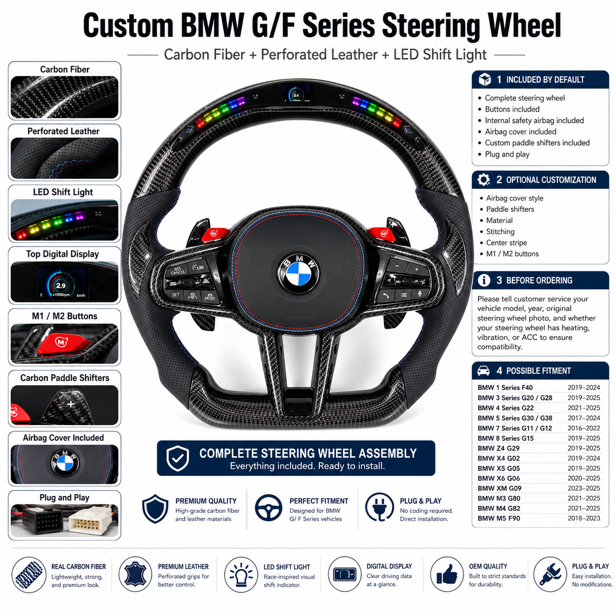BMW G/F Series 2016-2025 carbon fiber LED steering wheel detail sheet with plug and play by CJ Mod Garage