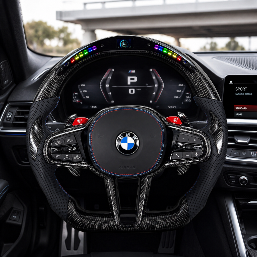 BMW M3 G80 2021-2025 LED carbon fiber steering wheel installed with digital shift lights by CJ Mod Garage