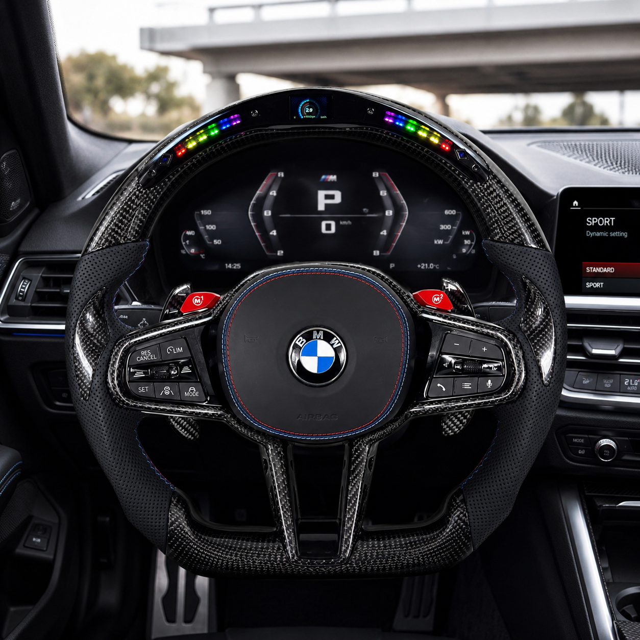 BMW M3 G80 2021-2025 LED carbon fiber steering wheel installed with digital shift lights by CJ Mod Garage