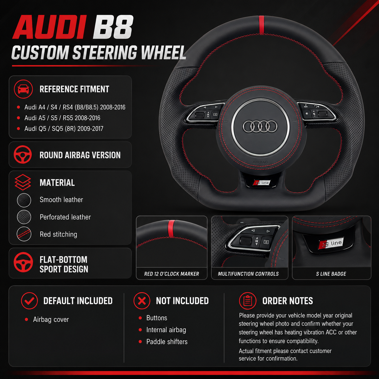 Audi B8 S-line custom steering wheel product spec infographic - smooth and perforated leather, red stitching, flat-bottom, round airbag, fitment guide for A4 S4 RS4 A5 S5 RS5 Q5 SQ5