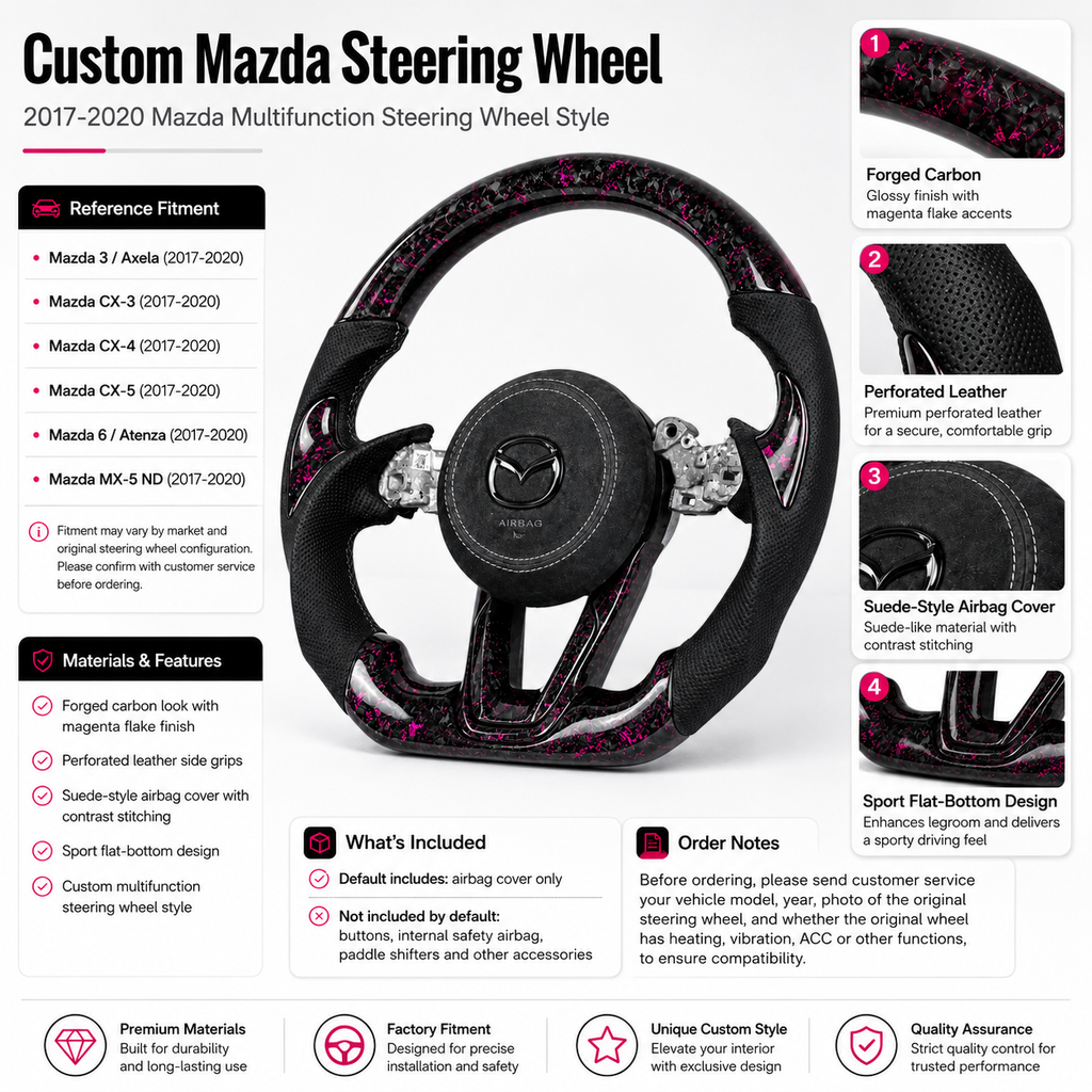 Custom Mazda steering wheel detail poster showing magenta forged carbon perforated leather suede airbag cover fitment and order notes