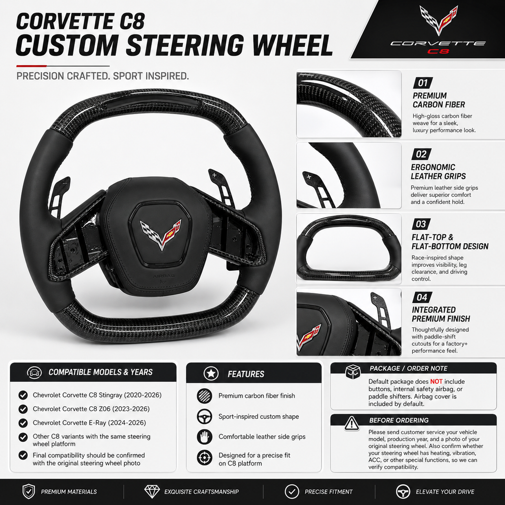 Chevrolet Corvette C8 custom steering wheel product detail image showing carbon fiber finish leather grips and fitment information